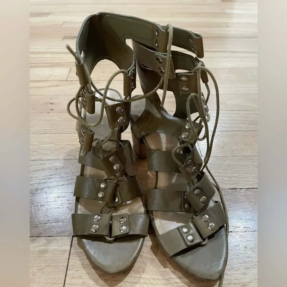 Loeffler Randall Lace Up Dark Olive Green Gladiator Block Heels Sz 6B